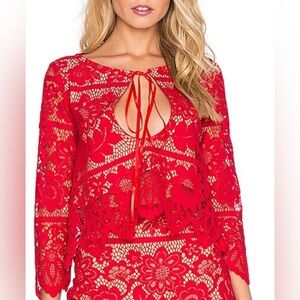 For Love & Lemons Womens Blouse Red Floral Lined Keyhole Stretch XS
